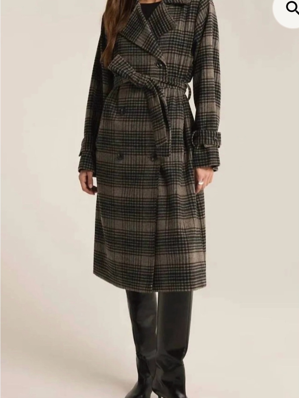 Plaid Double-Breasted Trench Coat with Belt - Gray/Black